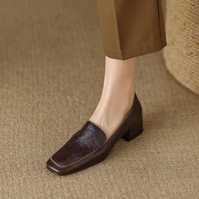 Women's Loafer Shoes Chunky Low Heel Top Square Toe Pumps - Elora Moda