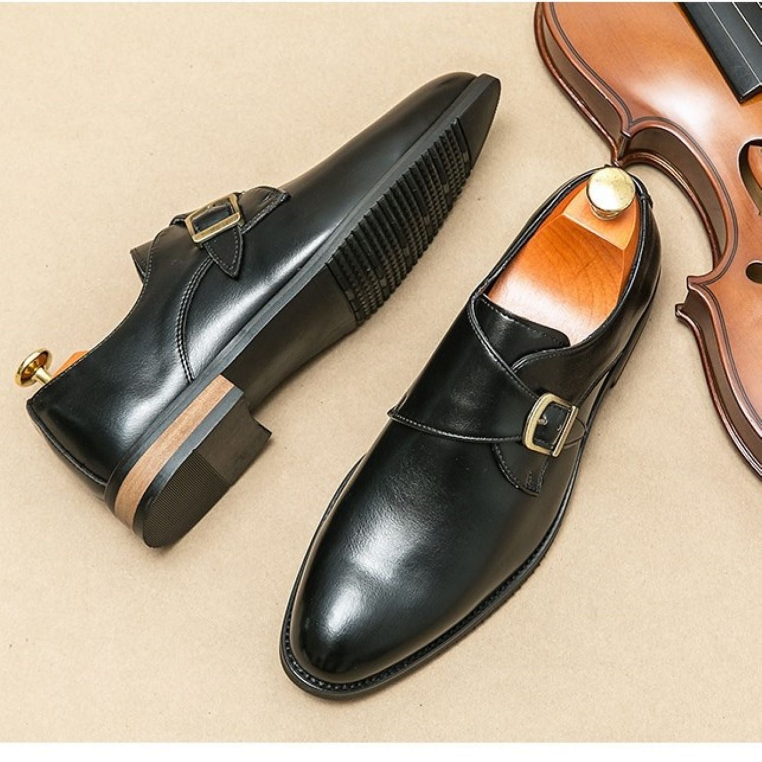 Men's Leather Shoes Derby Casual Breathable Buckle Slip - on - Elora Moda