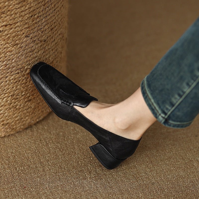 Women's Loafer Shoes Chunky Low Heel Top Square Toe Pumps - Elora Moda