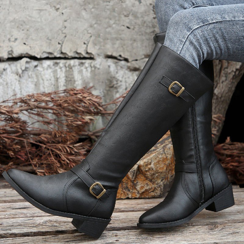 Women Boots | Thick Heel | Square Buckle | Zipper - Elora Moda