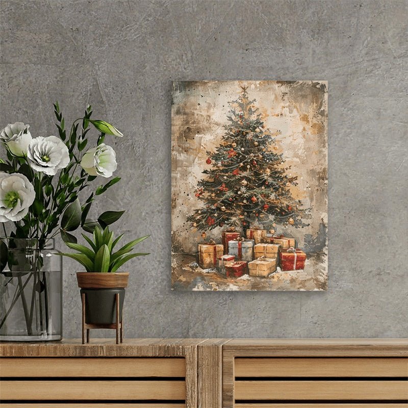 A Canvas Oil Painting With A Wooden Frame, Depicting A Vintage Christmas Tree With Gifts Under It Decorating The Living Room. - Elora Moda