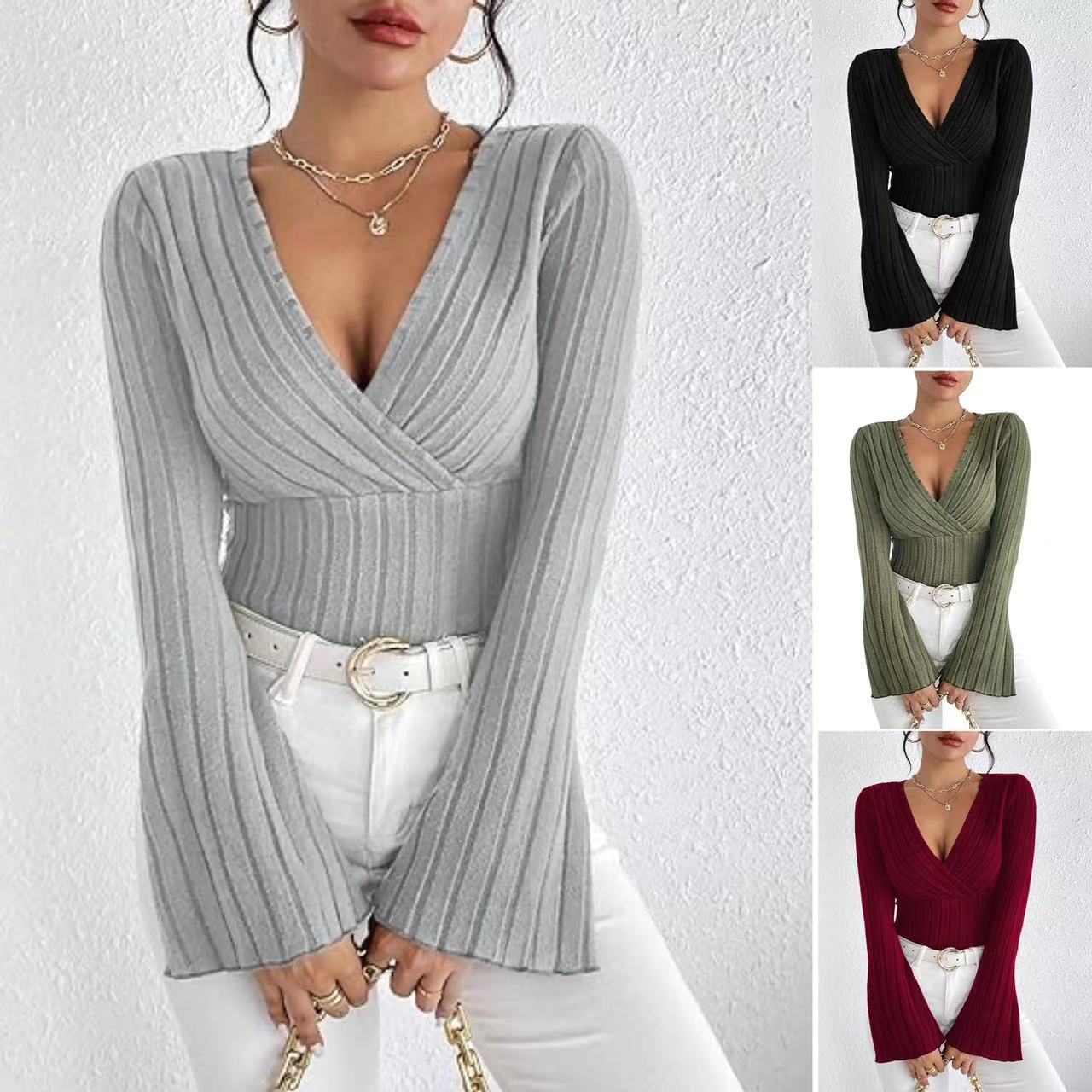 Women's Top Autumn & Winter Rib Sunken Stripe V - neck Slim - fit Long Sleeve - Elora Moda