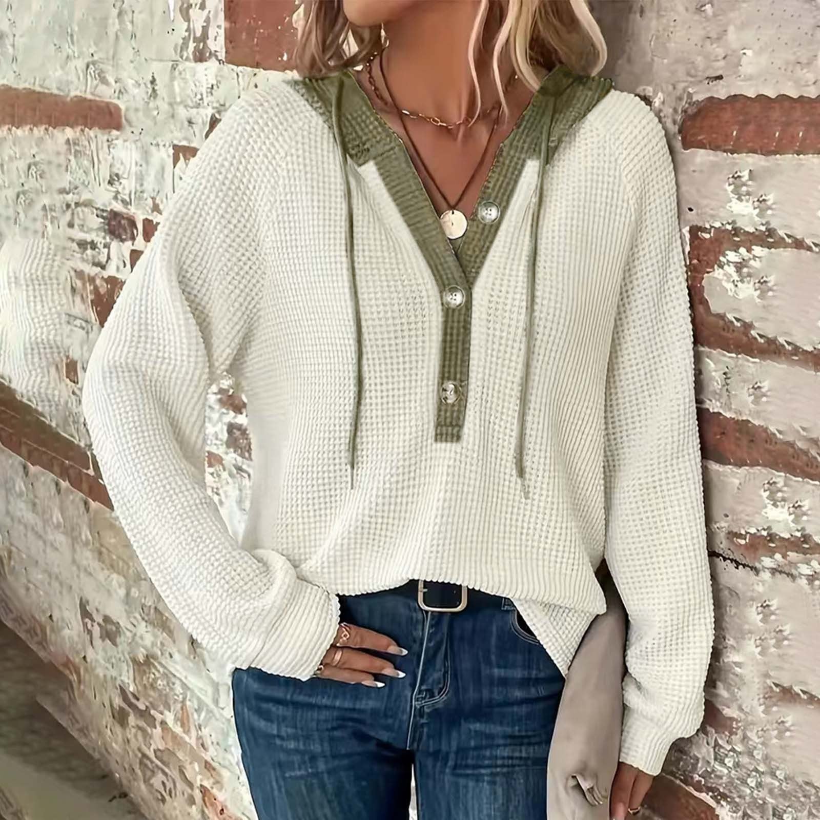 Women's Sweater Waffle Solid Color Hooded with Button Loose Long Sleeves - Elora Moda