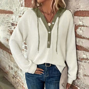 Women's Sweater Waffle Solid Color Hooded with Button Loose Long Sleeves - Elora Moda