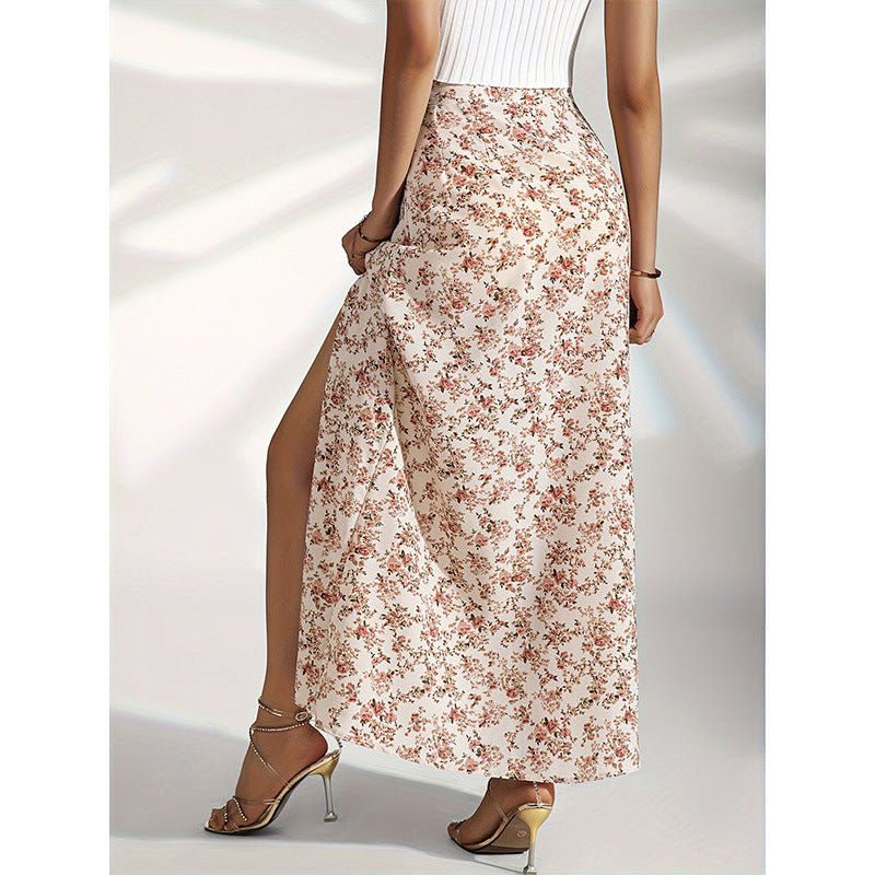 Gentle High Waist Slit Floral Skirt For Women - Elora Moda
