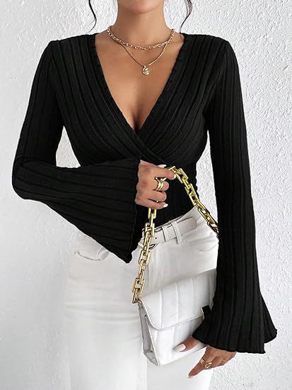 Women's Top Autumn & Winter Rib Sunken Stripe V - neck Slim - fit Long Sleeve - Elora Moda