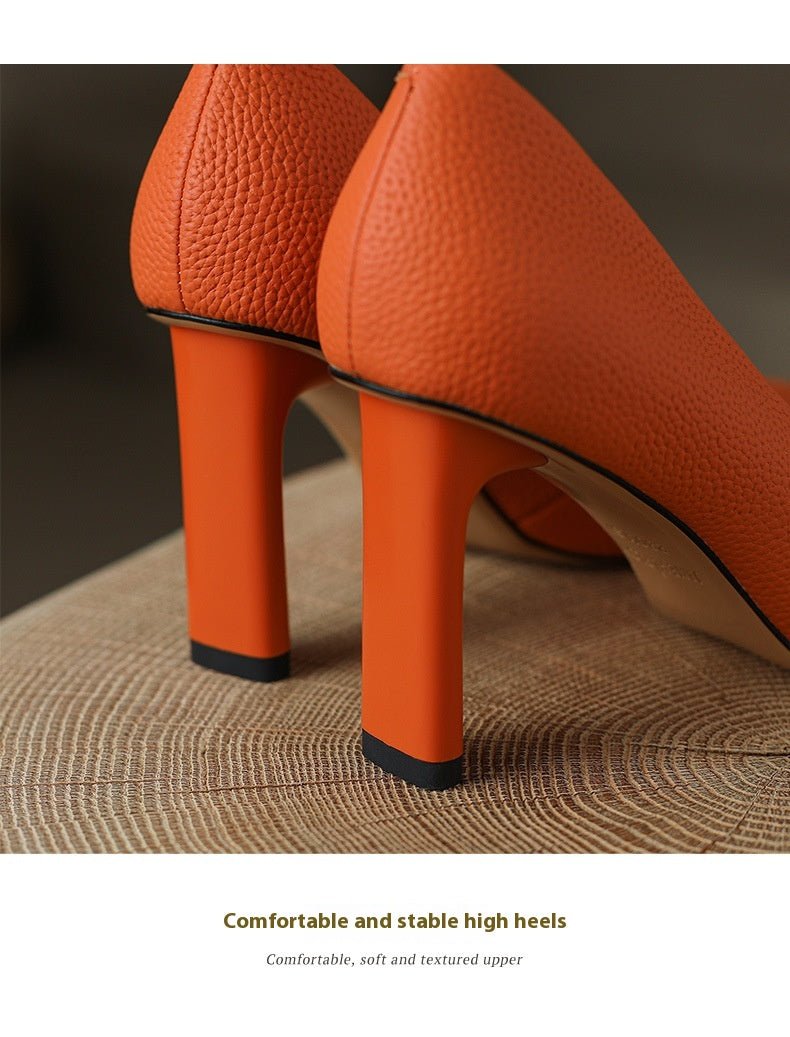 Women's Shoes Thick High Heel Pointed Cowhide Shallow Mouth Pumps - Elora Moda