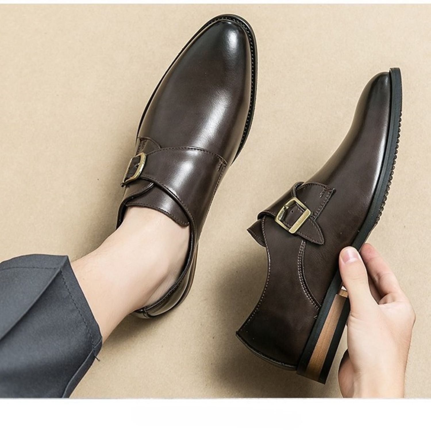 Men's Leather Shoes Derby Casual Breathable Buckle Slip - on - Elora Moda