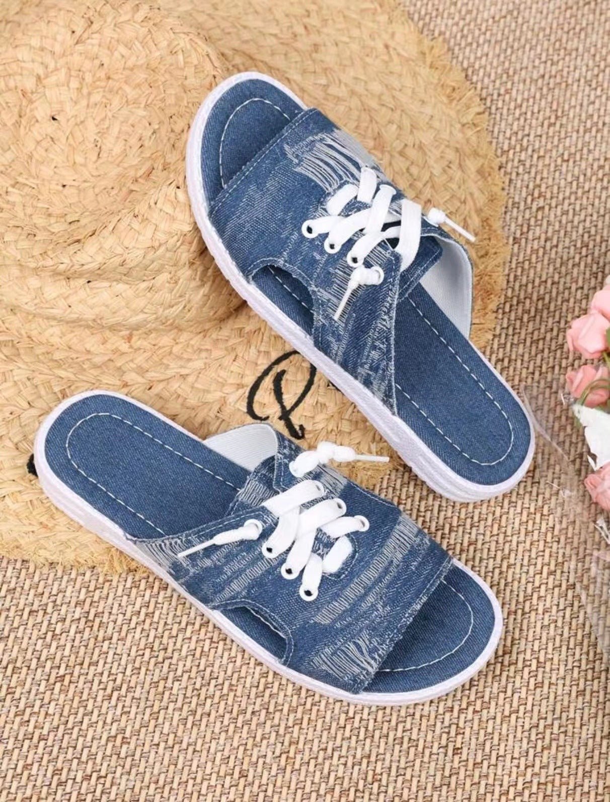 Women's Flat Denim Style Canvas Slippers - Elora Moda