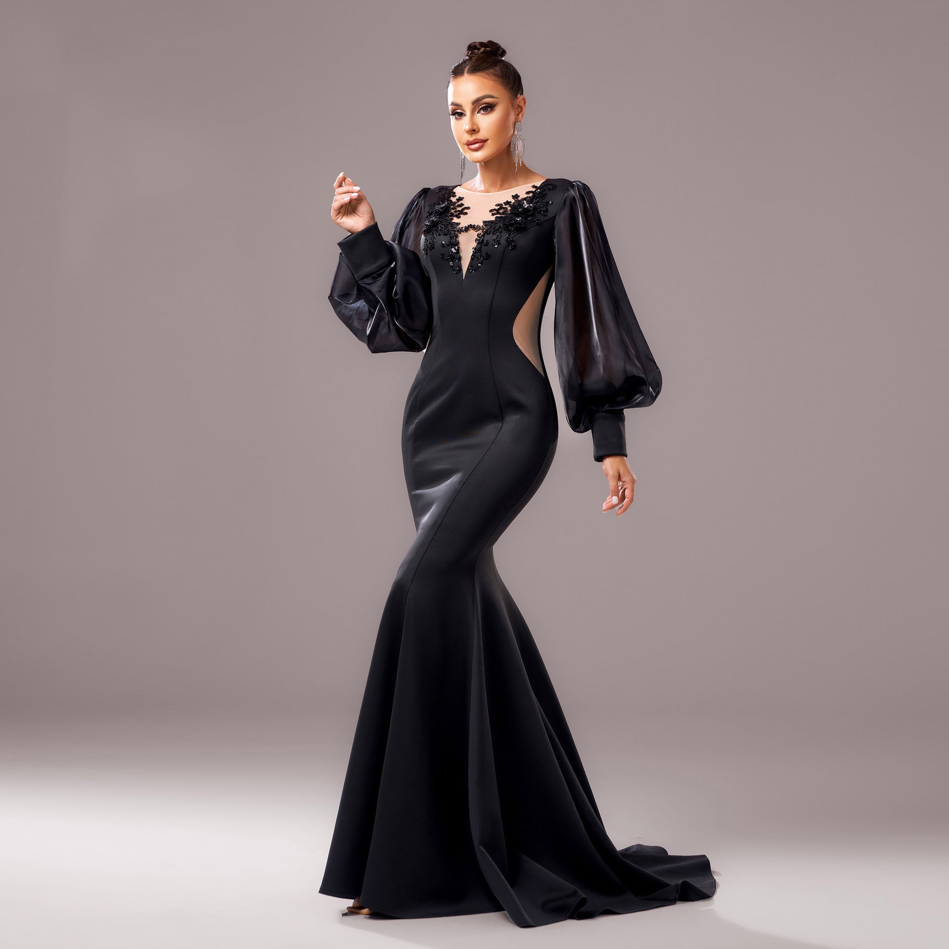 Long Sleeve Round Neck Banquet Applique Sheath Fishtail Dress - Elora Moda