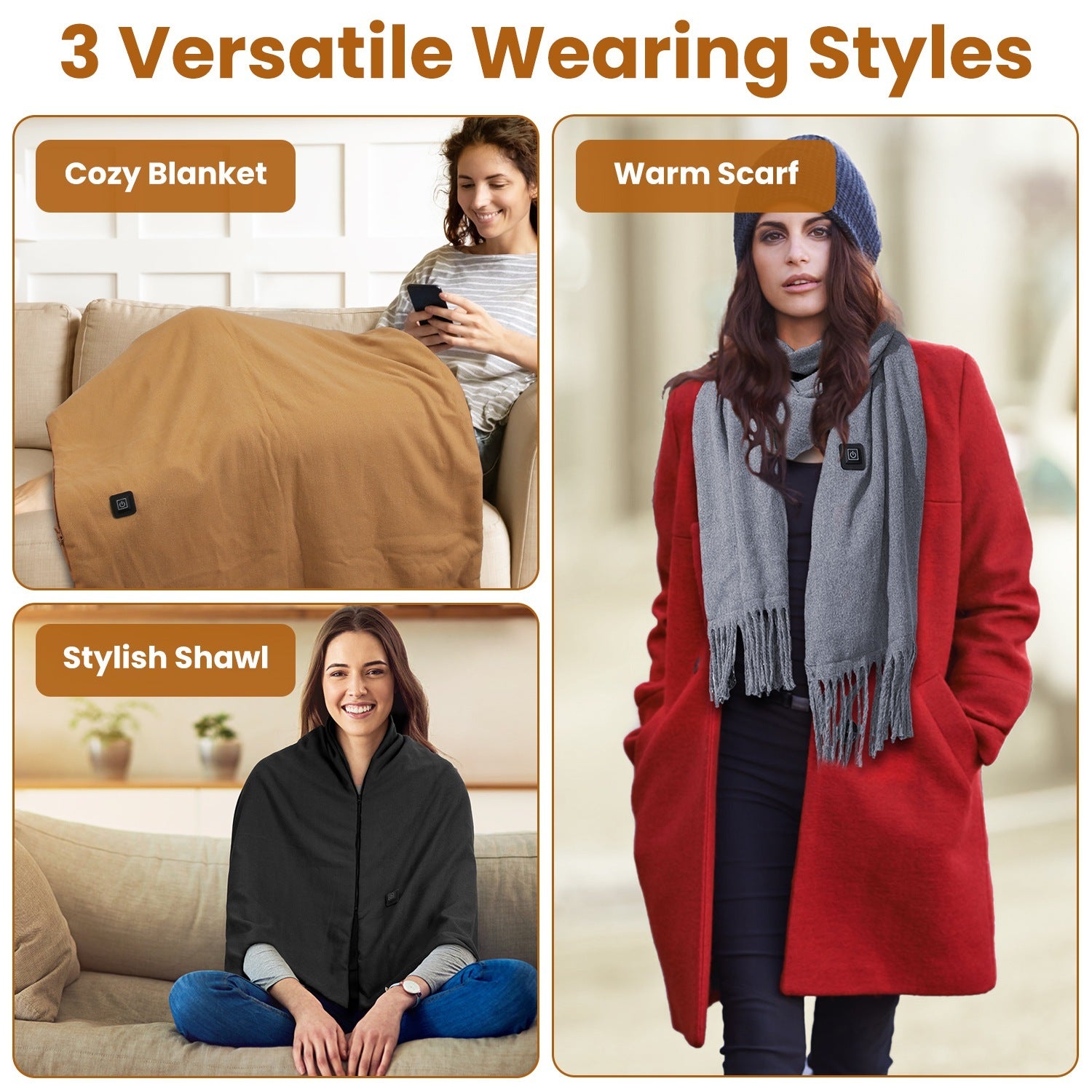 1Pc 79x24In USB Heated Shawl With Teasel Wearable Heating Blanket Electric Throw Wrap Indoor Outdoor With Zipper 3 Heating Levels Machine Washable For Outdoor Home Office - Elora Moda