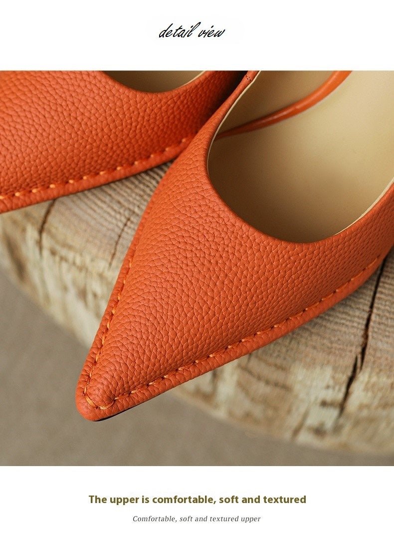 Women's Shoes Thick High Heel Pointed Cowhide Shallow Mouth Pumps - Elora Moda