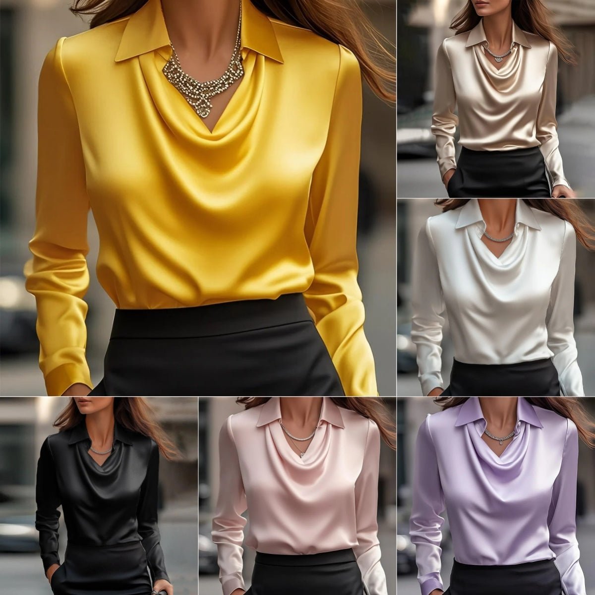 Women's Swing Collar Draped Blouses Elegant Solid Satin Office Ladies Spring Long Sleeve Casual - Elora Moda