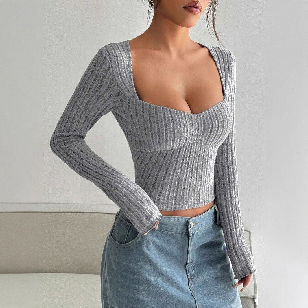 Women's Top Sunken Stripe Brushed Short Midriff - baring - Elora Moda