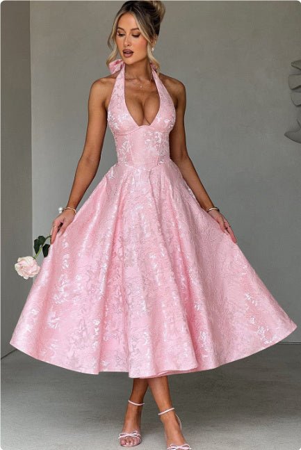 V - neck Halter Sleeveless Jacquard Lace - up Waist Vacation Style Long Adult Dress - Elora Moda