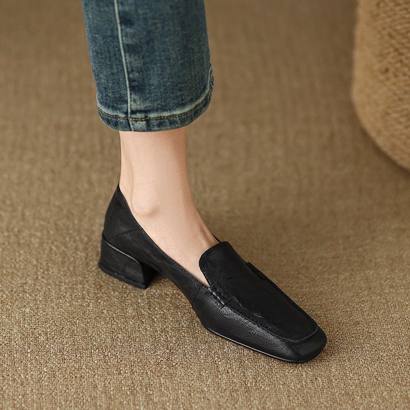 Women's Loafer Shoes Chunky Low Heel Top Square Toe Pumps - Elora Moda