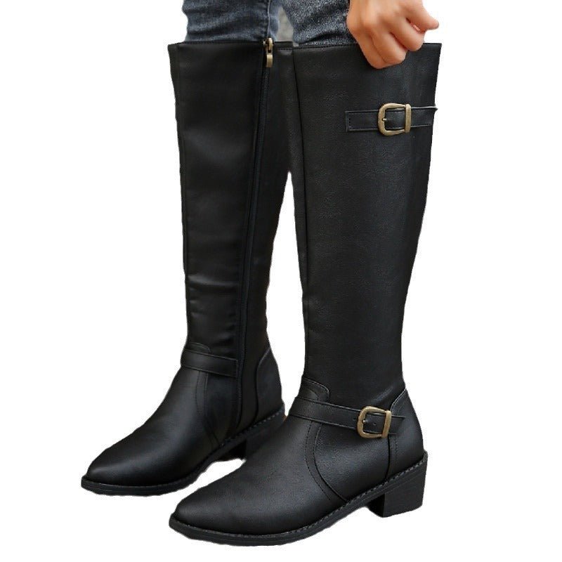 Women Boots | Thick Heel | Square Buckle | Zipper - Elora Moda