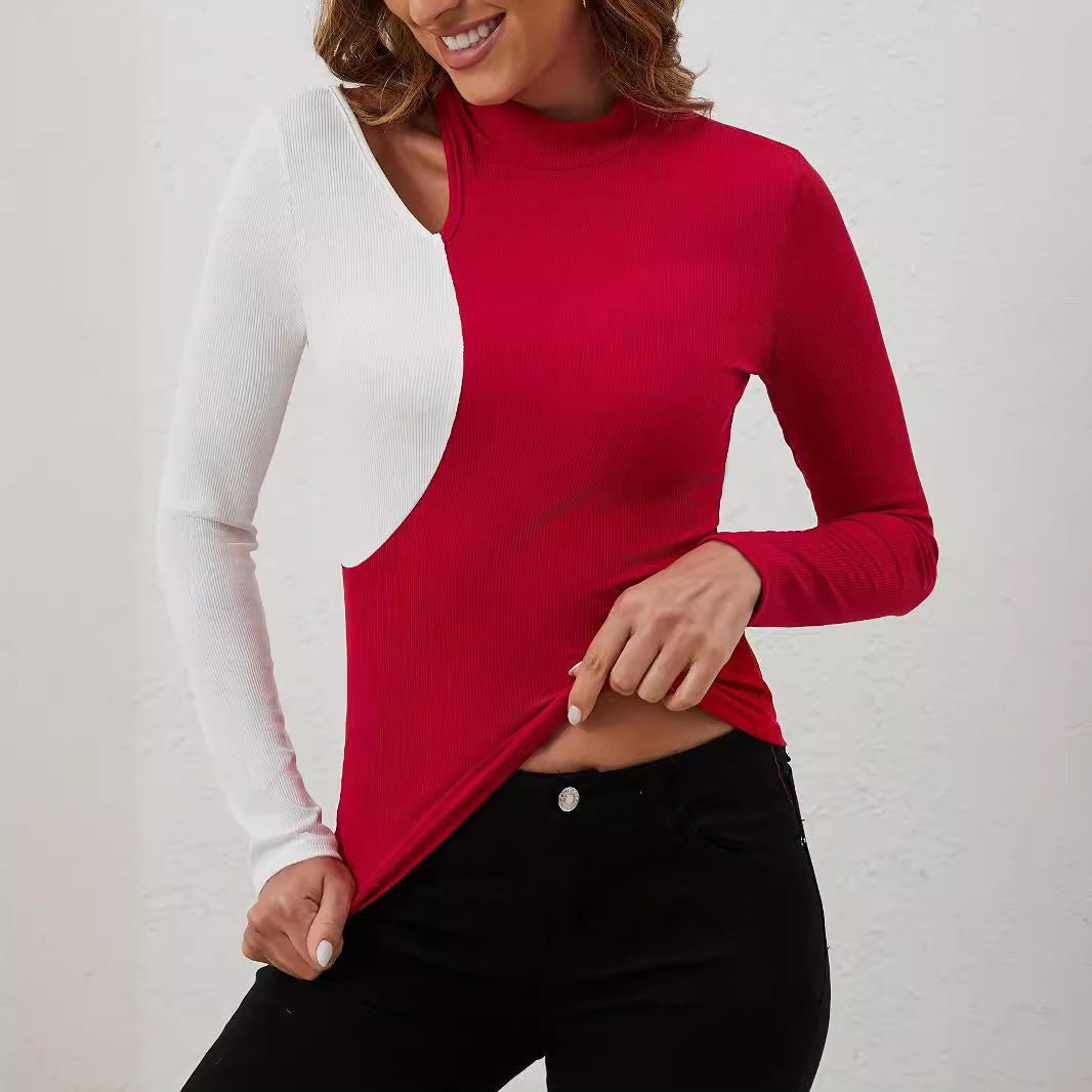 Women Shirt Color Contrast Patchwork Long Sleeve - Elora Moda