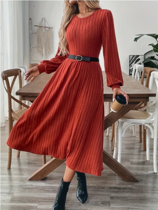 Elegant Maroon Ribbed Midi Dress For Women With Lantern Sleeves - Elora Moda