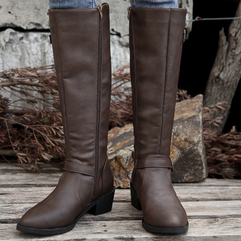 Women Boots | Thick Heel | Square Buckle | Zipper - Elora Moda