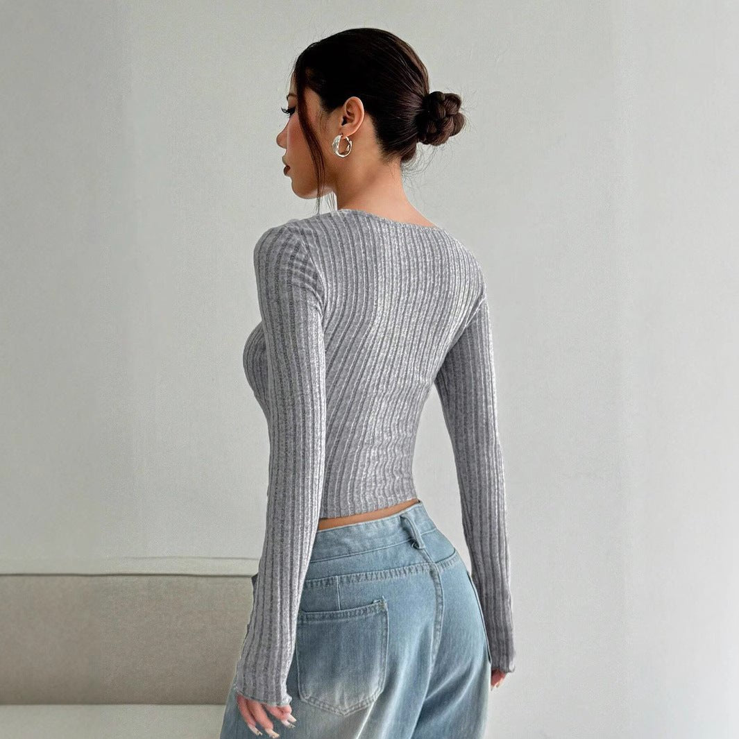 Women's Top Sunken Stripe Brushed Short Midriff - baring - Elora Moda