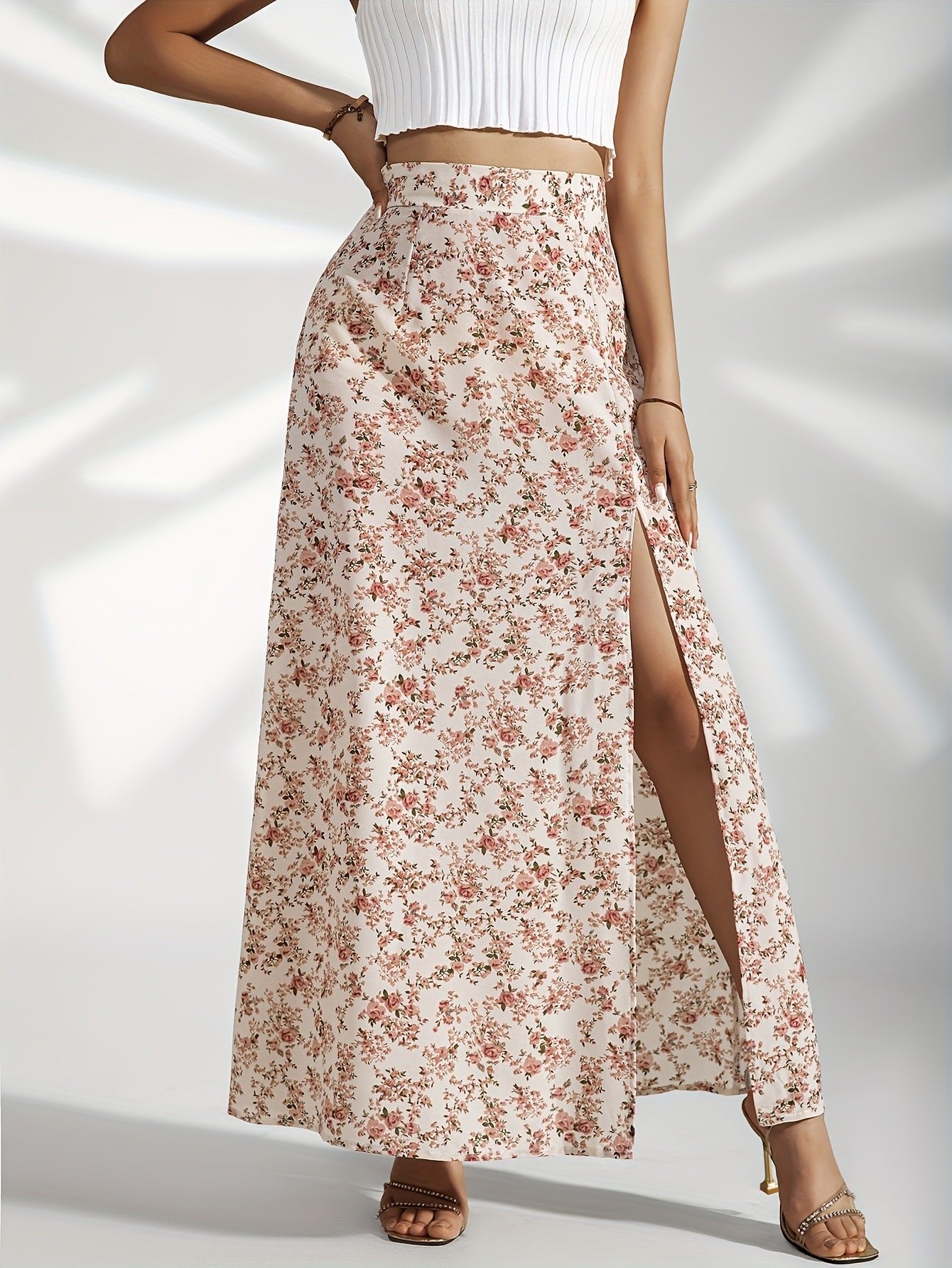 Gentle High Waist Slit Floral Skirt For Women - Elora Moda