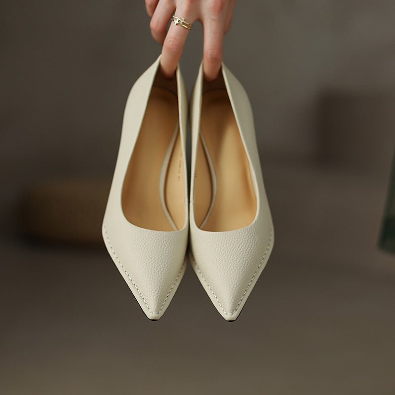 Women's Shoes Thick High Heel Pointed Cowhide Shallow Mouth Pumps - Elora Moda