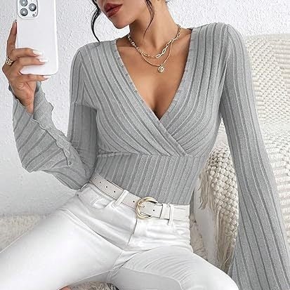 Women's Top Autumn & Winter Rib Sunken Stripe V - neck Slim - fit Long Sleeve - Elora Moda