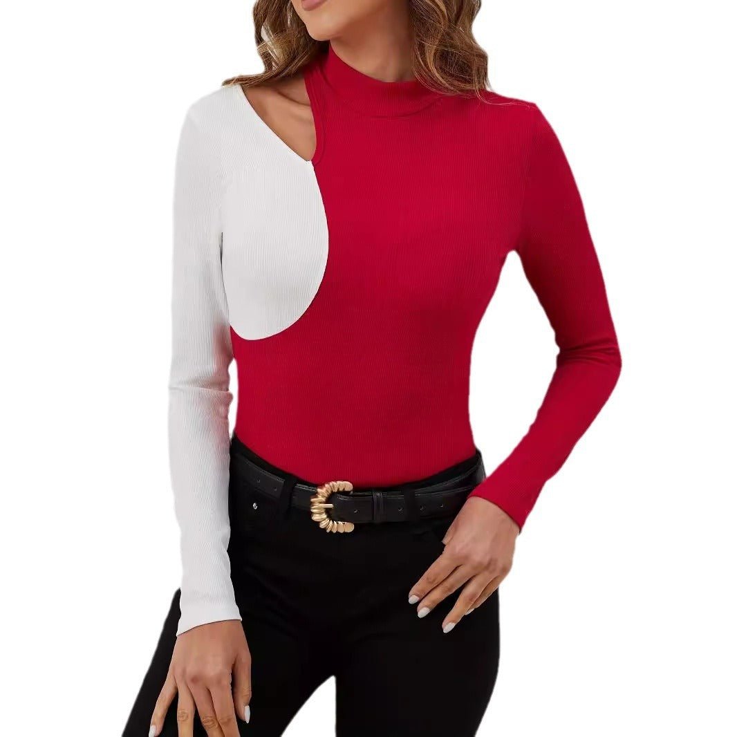 Women Shirt Color Contrast Patchwork Long Sleeve - Elora Moda