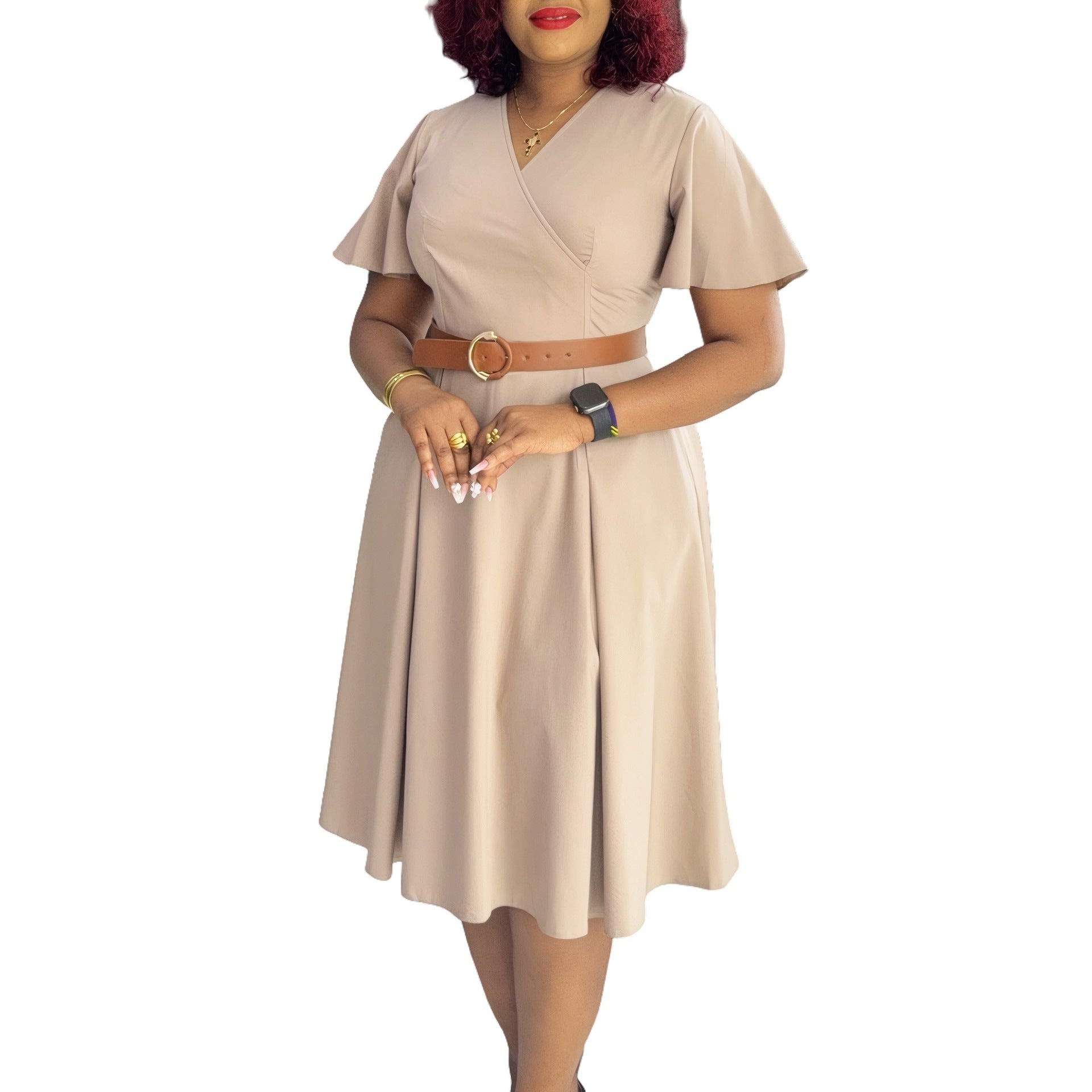Women's Dress V - neck Bell Sleeve Casual A - Line - Elora Moda