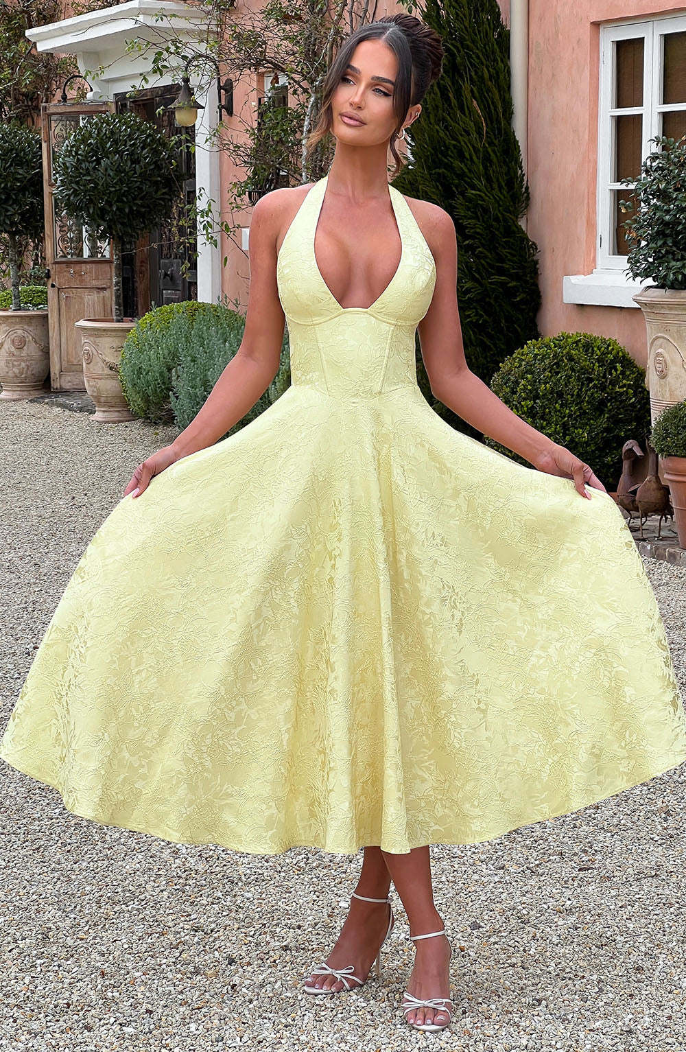 V - neck Halter Sleeveless Jacquard Lace - up Waist Vacation Style Long Adult Dress - Elora Moda