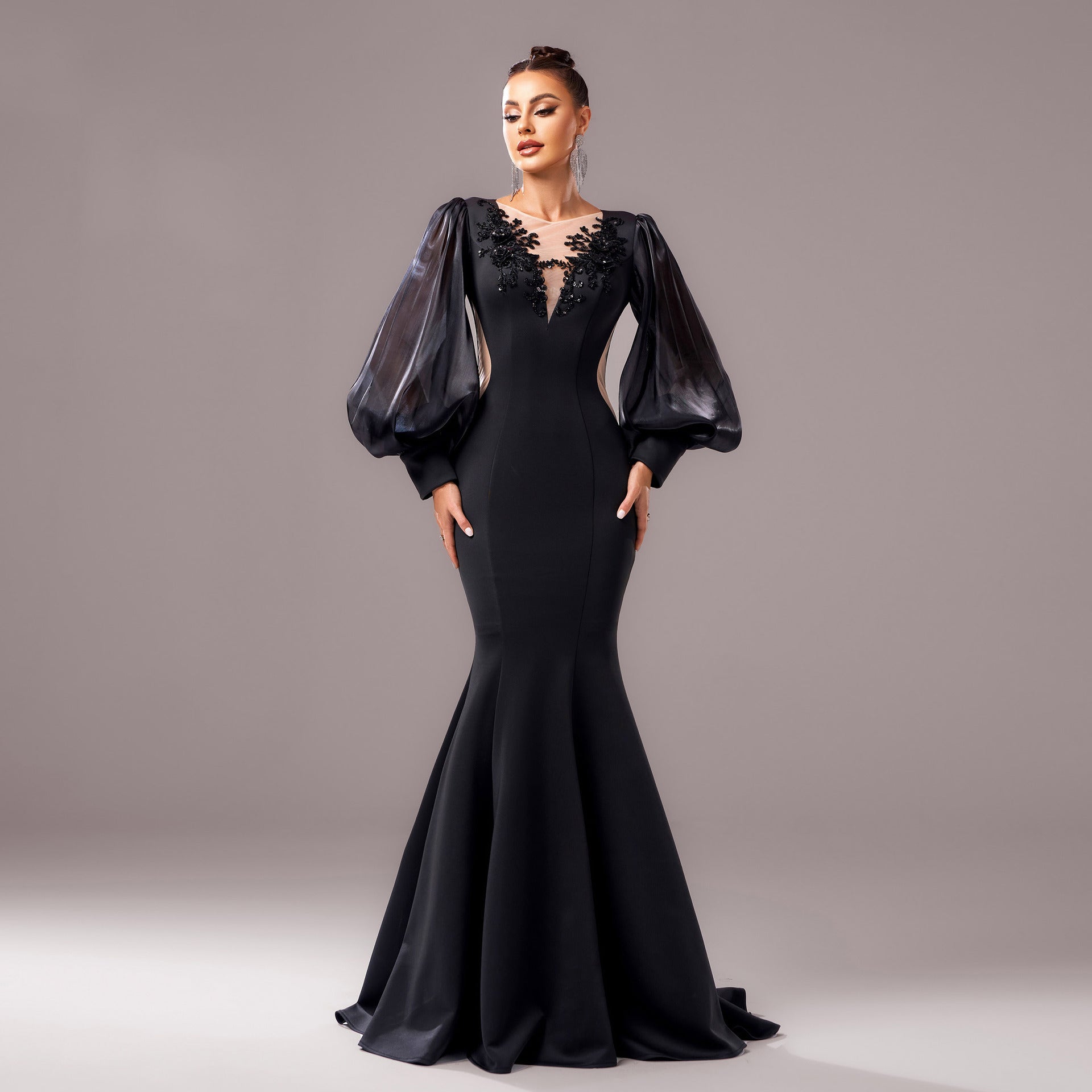 Long Sleeve Round Neck Banquet Applique Sheath Fishtail Dress - Elora Moda