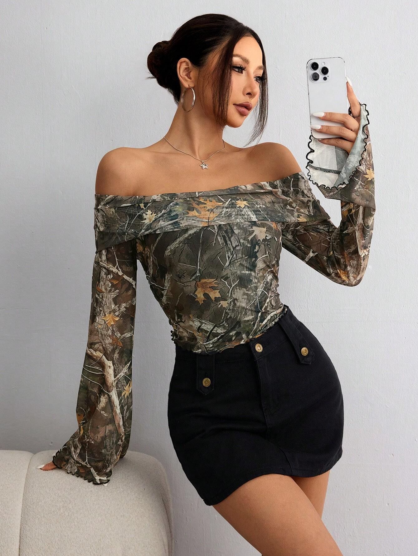 Mesh Printed Off - shoulder Long Sleeved Fitted T-shirt Top - Elora Moda