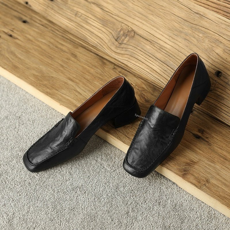 Women's Loafer Shoes Chunky Low Heel Top Square Toe Pumps - Elora Moda