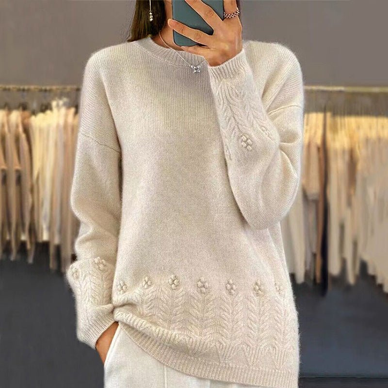 Women's Solid Color 3D Floral Embroidered Pullover - Elora Moda