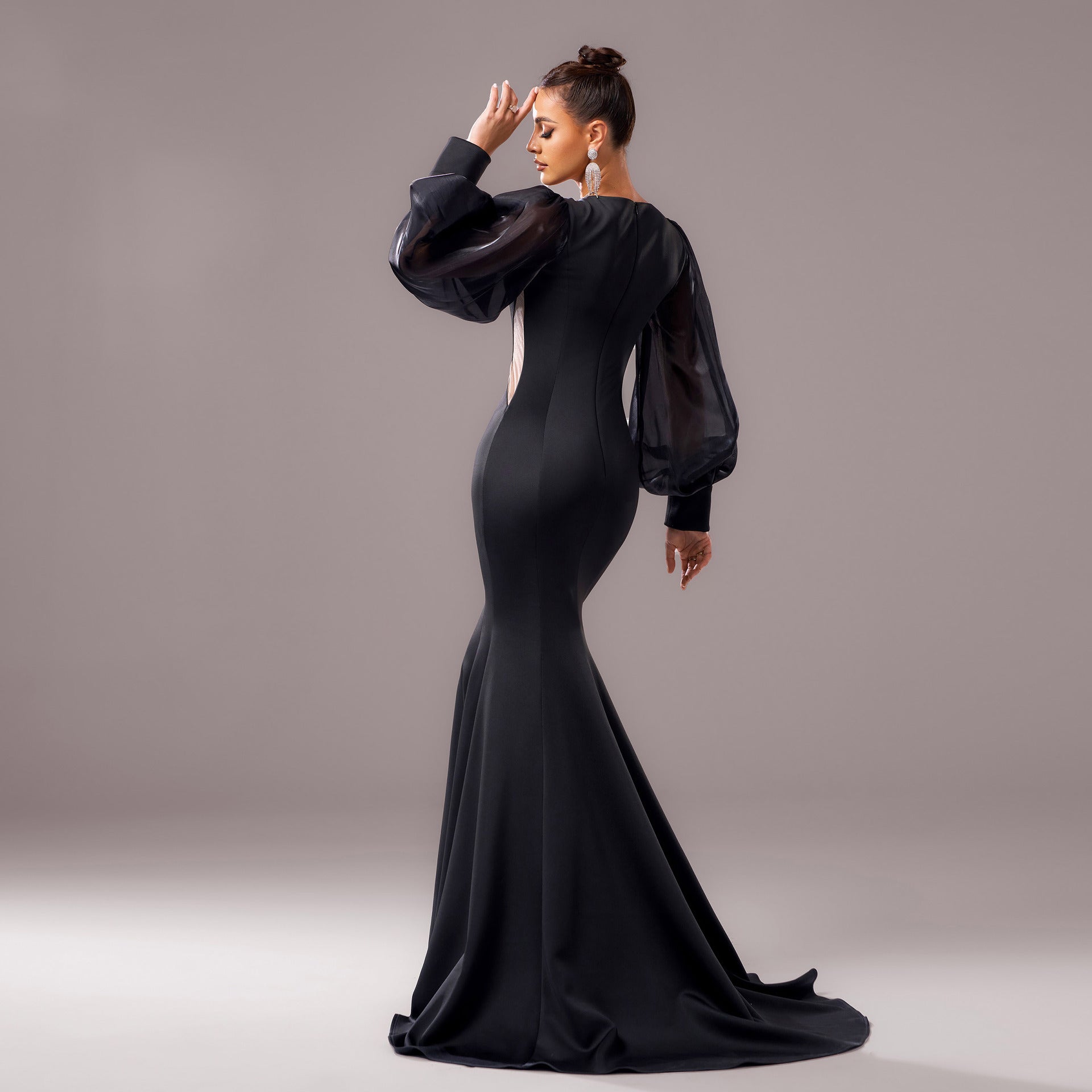 Long Sleeve Round Neck Banquet Applique Sheath Fishtail Dress - Elora Moda