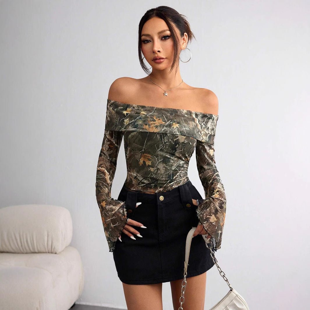 Mesh Printed Off - shoulder Long Sleeved Fitted T-shirt Top - Elora Moda