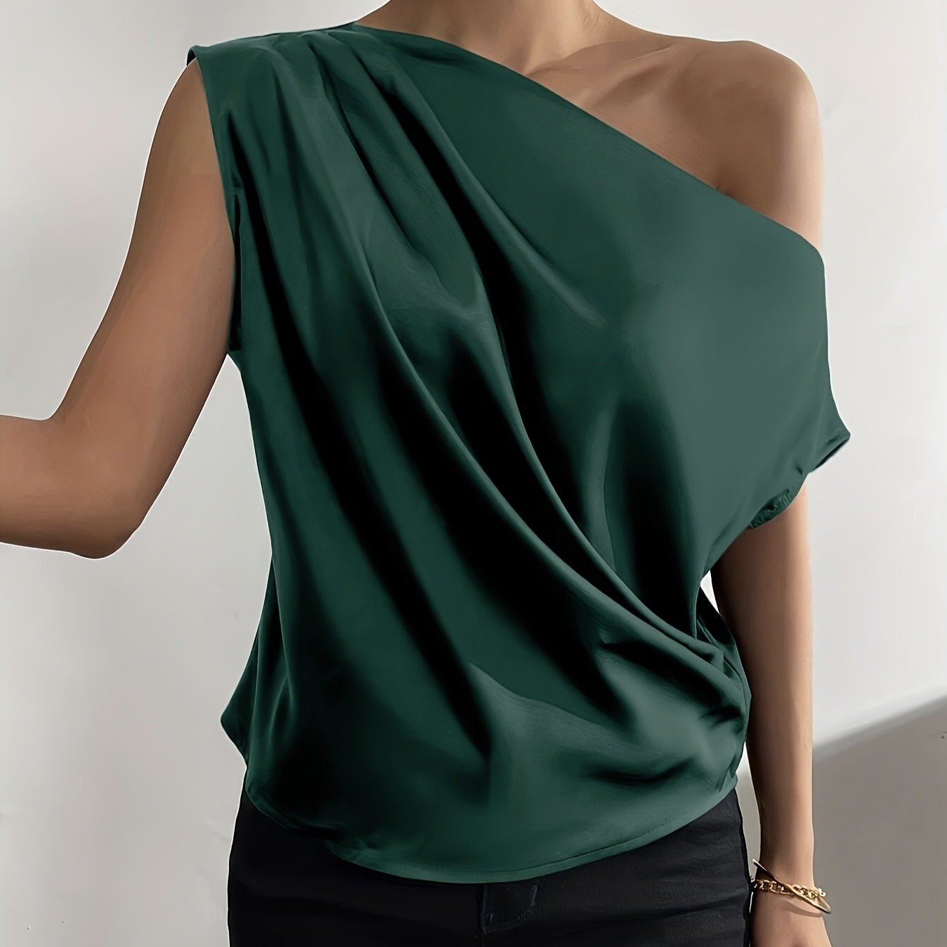 Ladies' Solid Color Asymmetrical Collar Pleated Elegant Casual Sloping Shoulder Collar Off Shoulder Top - Elora Moda