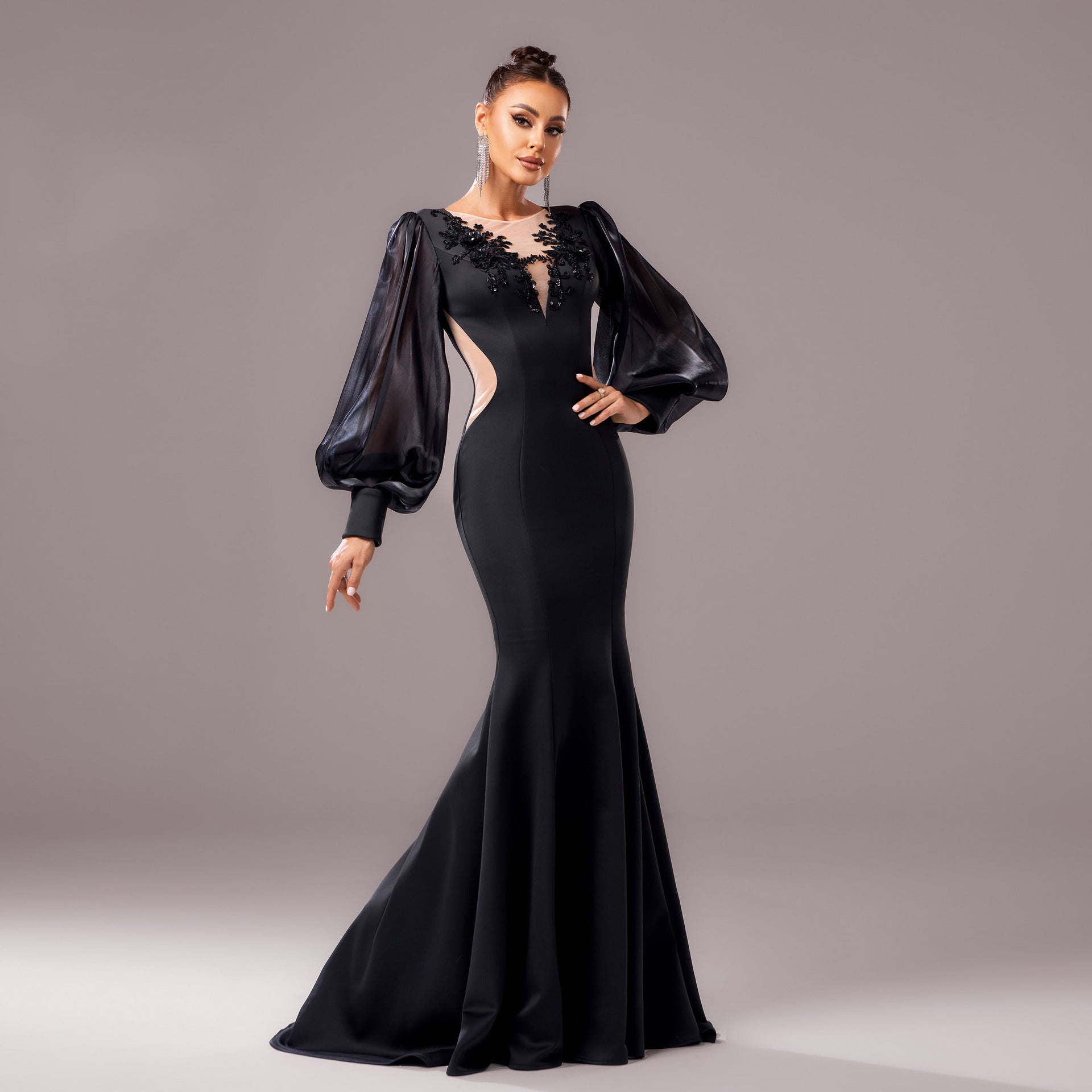 Long Sleeve Round Neck Banquet Applique Sheath Fishtail Dress - Elora Moda