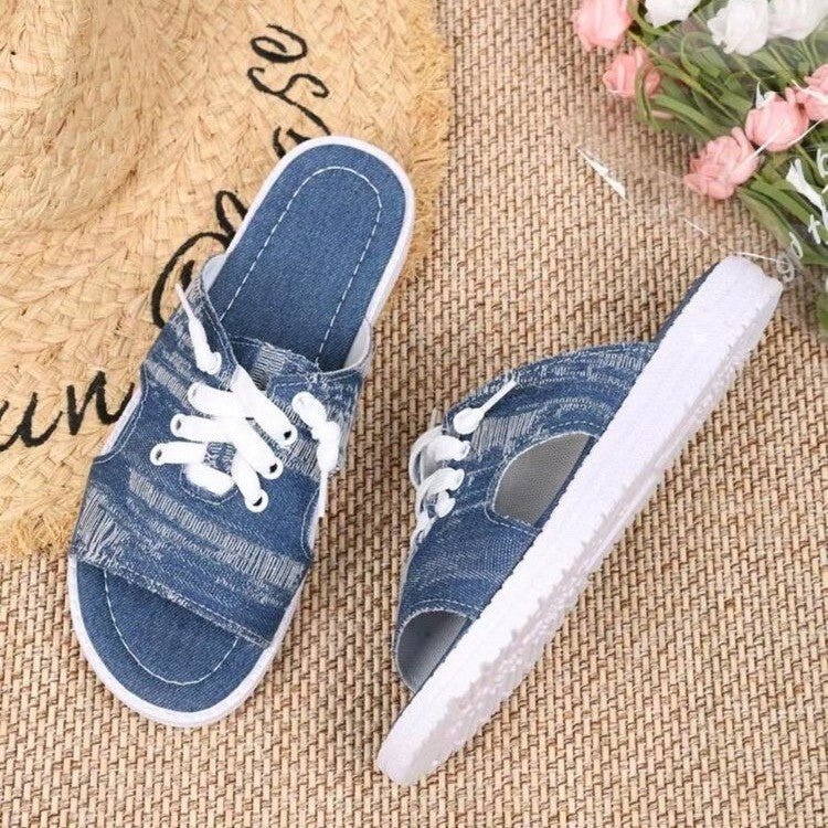 Women's Flat Denim Style Canvas Slippers - Elora Moda