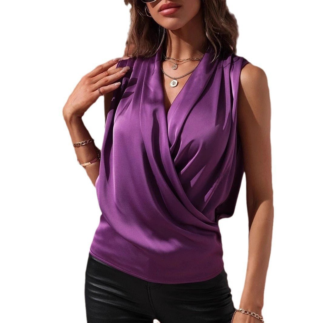 Women's Spring And Summer Sleeveless Satin Pleated Vest New Shirt - Elora Moda