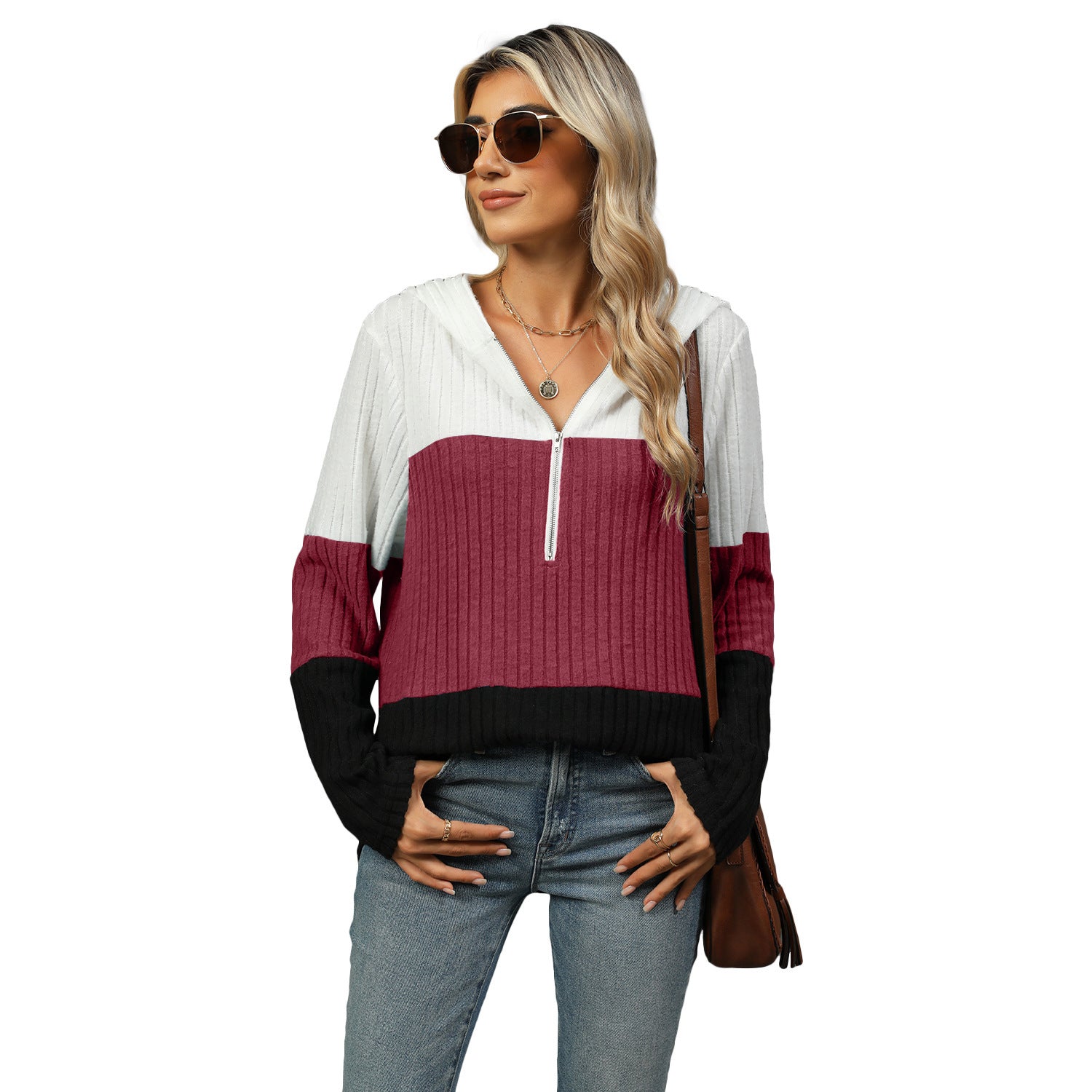 Women's Top Stitching Zipper Hooded Long Sleeve - Elora Moda