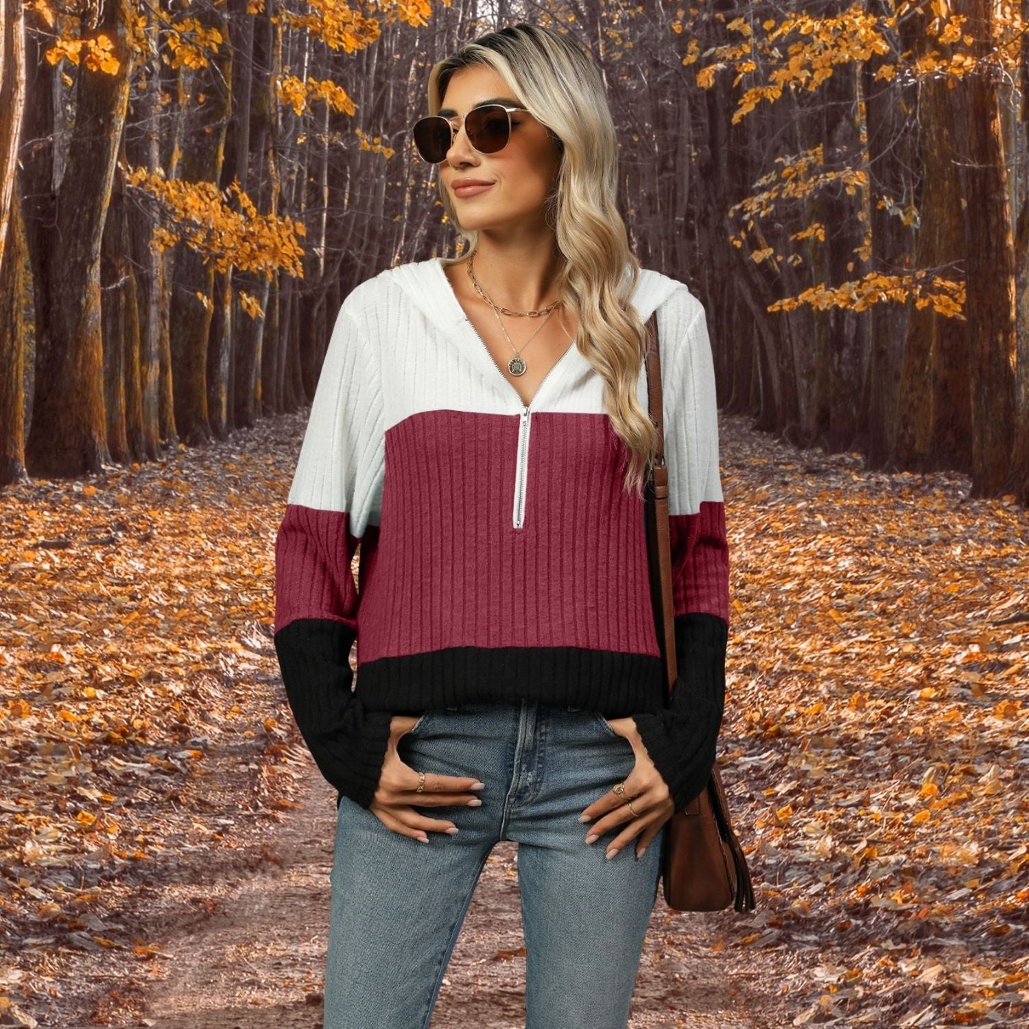 Women's Top Stitching Zipper Hooded Long Sleeve - Elora Moda