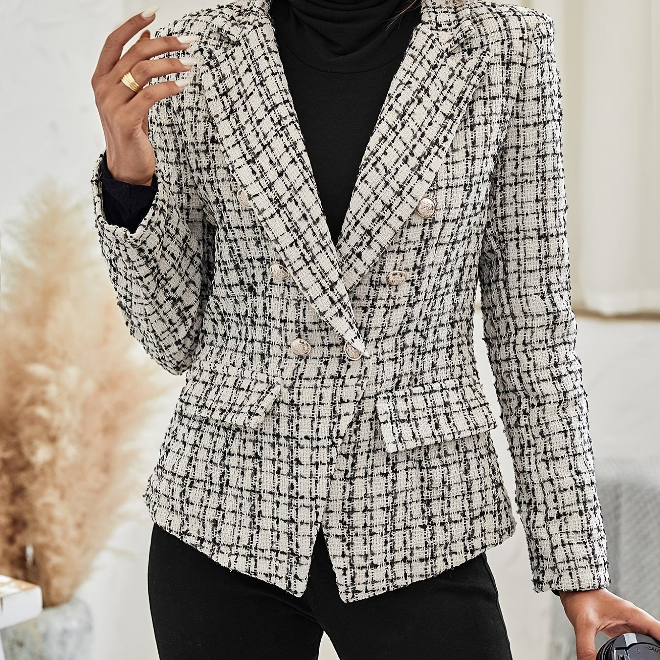Elegant Plaid Pattern Blazer Double Button - Elora Moda