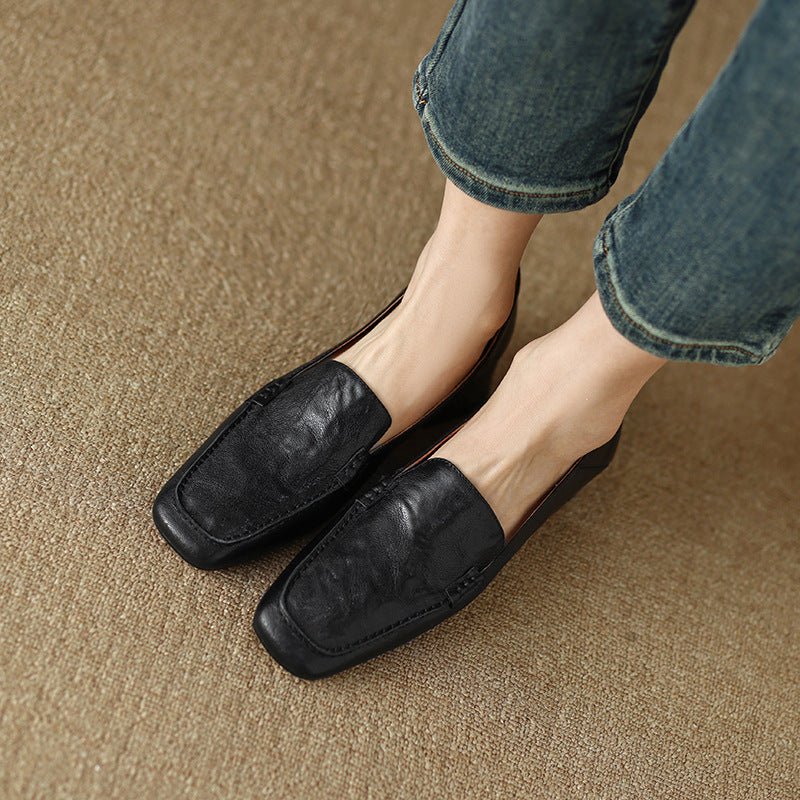 Loafers Women's Shoes Chunky Heel Low Top Square Toe Pumps - Elora Moda