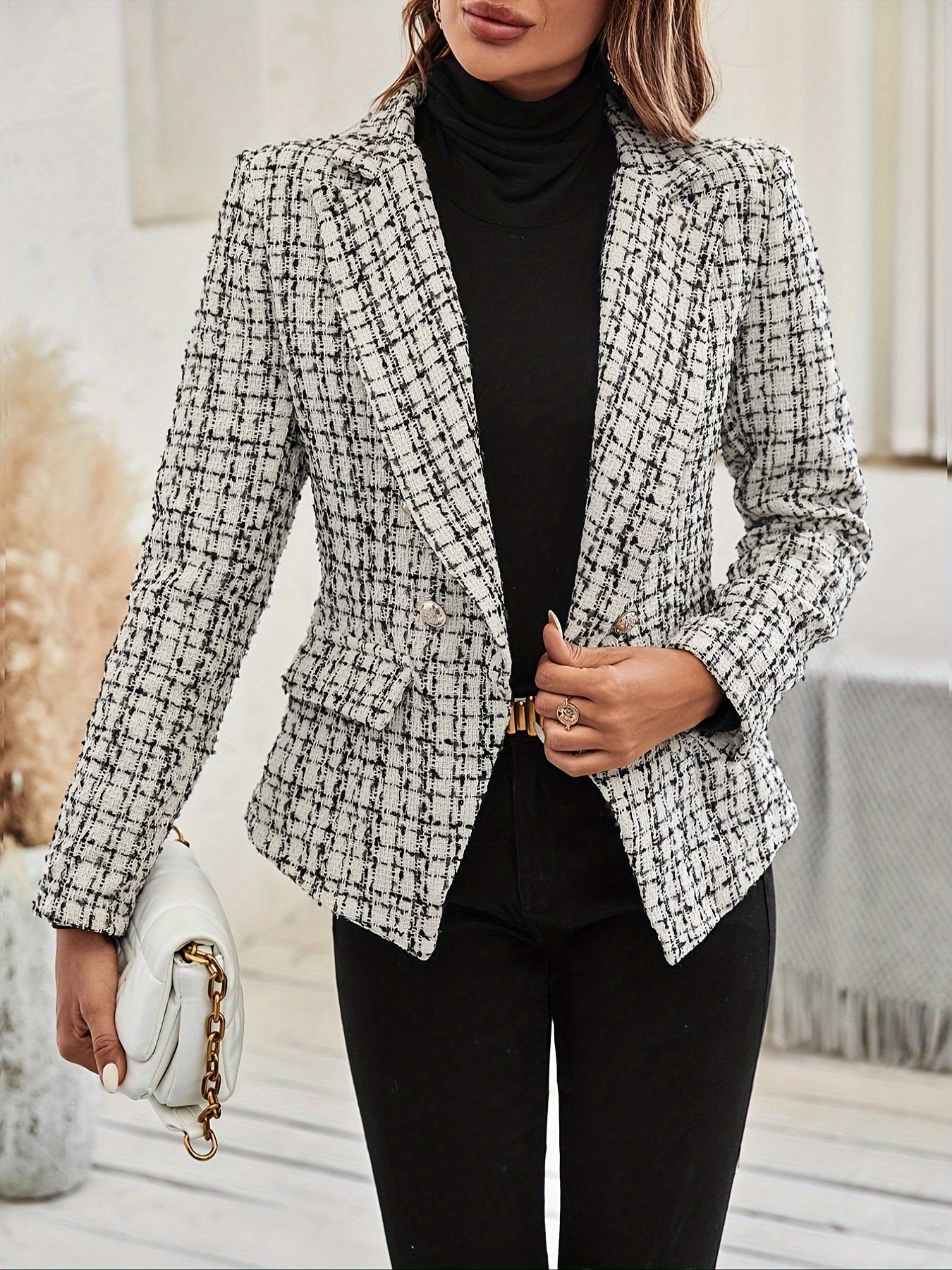 Elegant Plaid Pattern Blazer Double Button - Elora Moda
