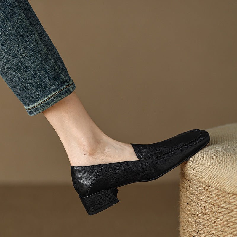Loafers Women's Shoes Chunky Heel Low Top Square Toe Pumps - Elora Moda