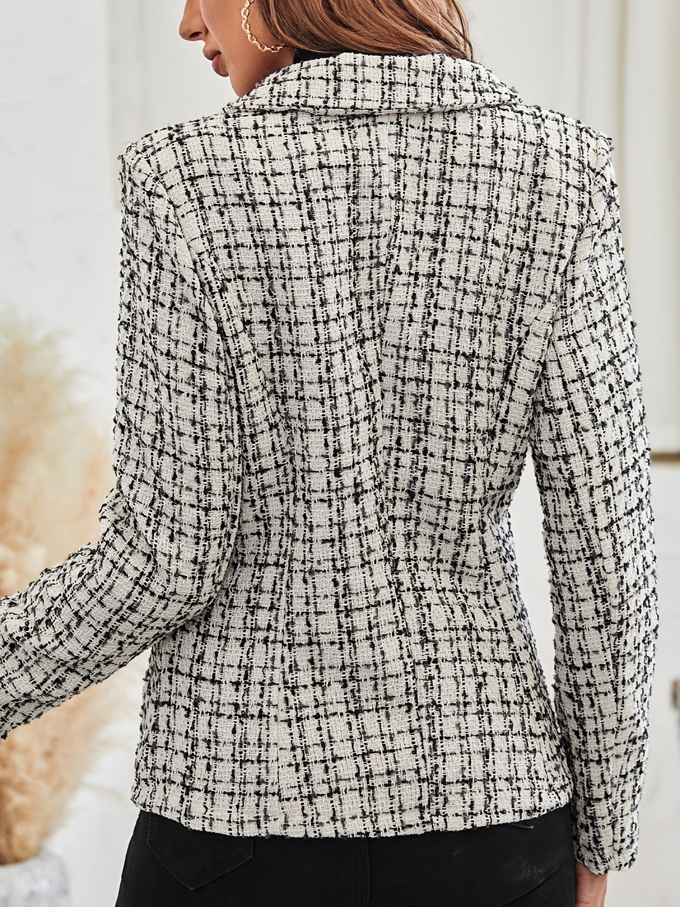 Elegant Plaid Pattern Blazer Double Button - Elora Moda