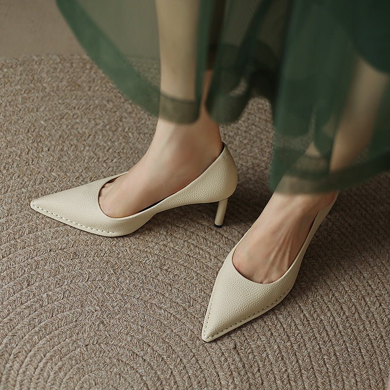 High Heel Shoes Thick High Heel Pointed Cowhide Shallow Mouth Pumps - Elora Moda