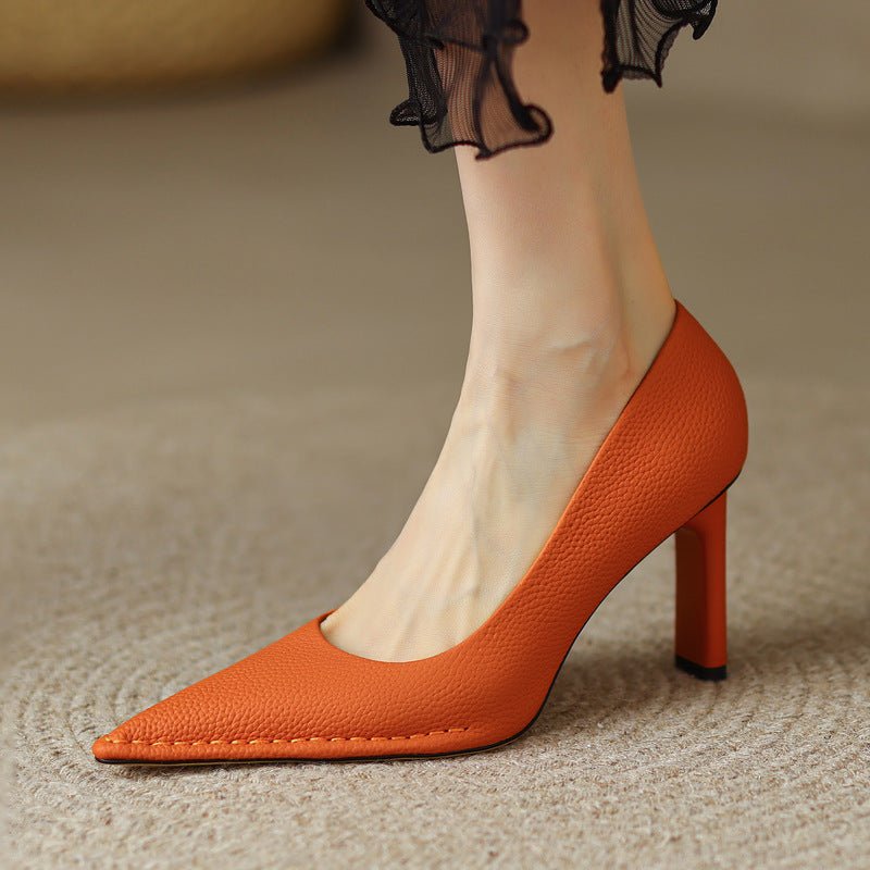High Heel Shoes Thick High Heel Pointed Cowhide Shallow Mouth Pumps - Elora Moda